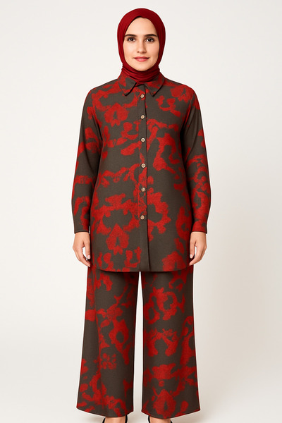 SheLoria Kadın Kırmızı Gri Tunik Pantolon Modal İkili Takım