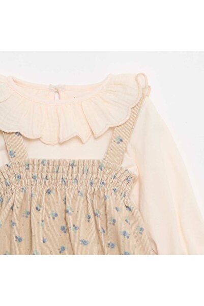 KIABI Corduroy Overalls Set + T-shirt + Tights - 3 pieces BEIGE