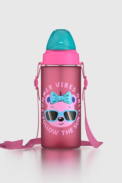 Renga Sonic Air Patterned 500 ml Matte Tritan Children's Water Bottle with Strap and Straw 912119 Pink