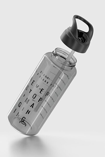 Renga Moly Text Patterned 1000 ml Tritan Flask with Straw 912139 Black