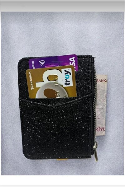 mirakuş Black Shiny Glitter Zippered Card Holder Wallet