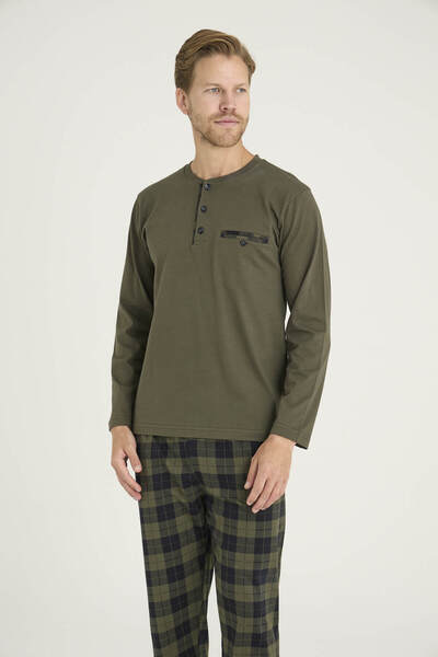 KLY 100% Cotton Men's Midi Collar Pajama Set Comfortable Sleepwear