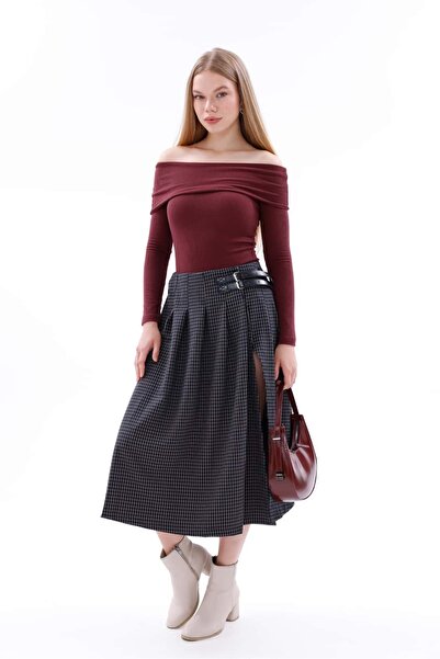 Pulli Collection Lacivert Ekose Yırtmaç Detaylı Midi Etek