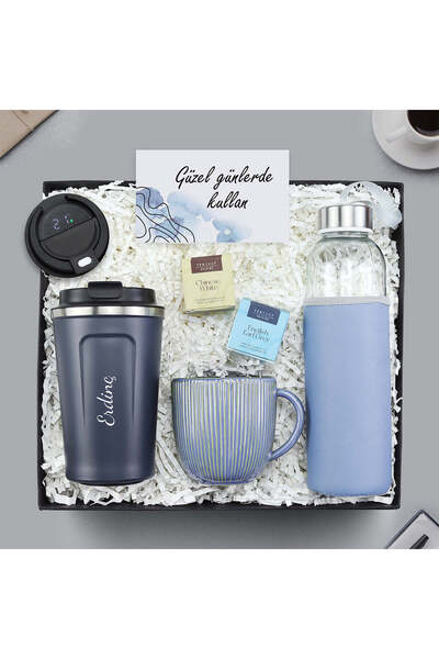 Trendmiya Dereceli Lacivert Termos & Mavi Porselen Kupa & Mavi Matara & 2'li ...