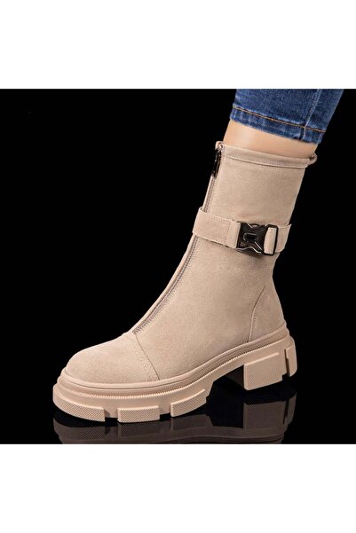 Modlet.ro Women's beige genuine leather platform boots with zipper MOD10822