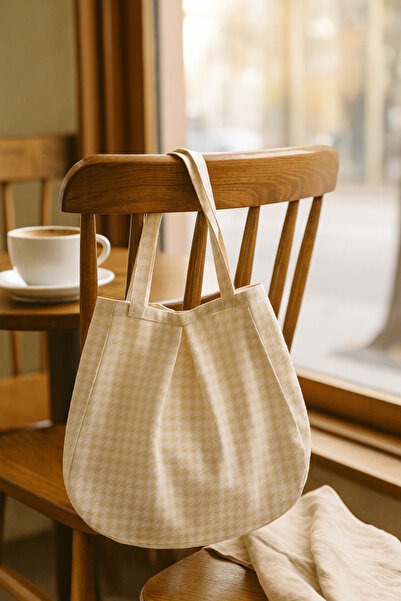 YUNUSOĞLU HOME Beige Multi-Purpose Premium Oversize Crowbar Medium Size Canvas Women's Hand and Shoulder Bag