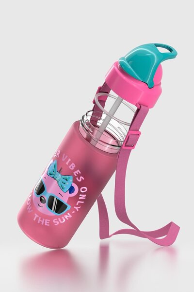 Renga Sonic Air Patterned 500 ml Matte Tritan Children's Water Bottle with Strap and Straw 912119 Pink