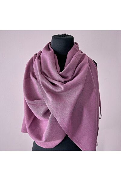 FashionForYou Esarfa tip sal Belladona, din material subtire, cu franjuri si emblema, Mov prafuit, 180x65 cm