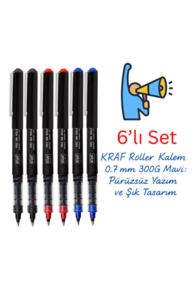 KRAF Roller Kalem 0.7 300G Mavi Kırmızı Siyah 6’lı Set
