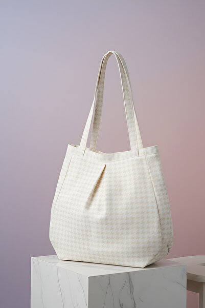 YUNUSOĞLU HOME Beige Multi-Purpose Premium Oversize Crowbar Medium Size Canvas Women's Hand and Shoulder Bag