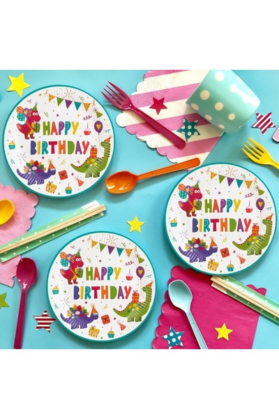 SHOPIENS Set 6 Bucati Farfurii Carton Petrecere Copii Dinozauri Happy Birthday Alb Multicolor 23cm