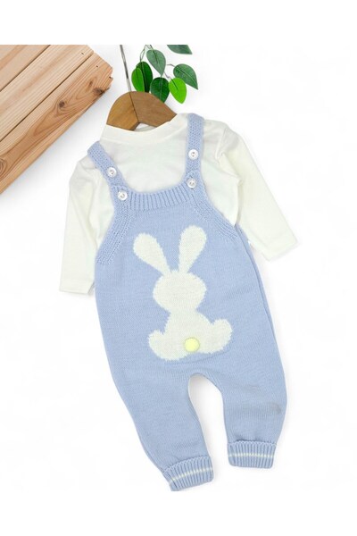 Ege Bebek Winter Rabbit Detailed Knitwear Salopet and Inner Badili Set, 3-6-9-12 Months Knitwear Gardener Jumpsuit R2206