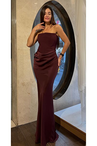 SpringStore Bordo Üstü Krep Altı Saten Abiye