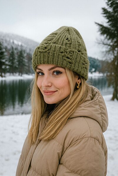 Trend Şapka 14779 Triko Delikli Saçaklı Yeşil Bere