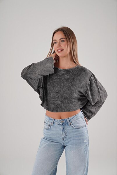 DIVINE TASARIM Kadın Uzun Kollu Salaş Crop Bluz - Oversize Günlük Üst