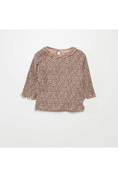 KIABI Ribbed knit T-shirt with ruffled collar BEIGE