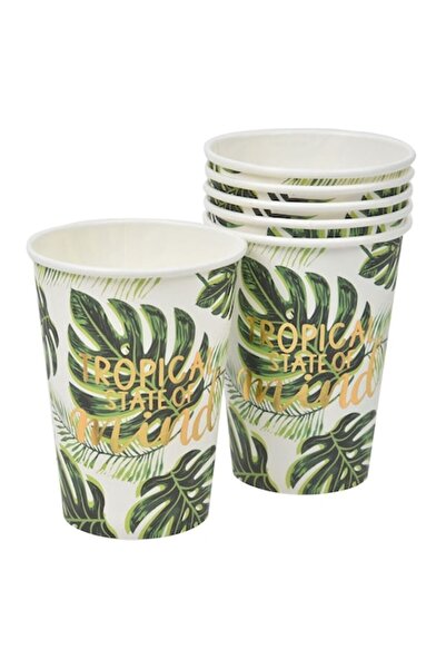 SHOPIENS Set 6 pahare din carton pentru petreceri Shopiens®, cu model frunze tropicale verzi, 270 ml