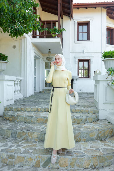 LOCCO Kadın Scuba Puf Detay Elbise Sarı