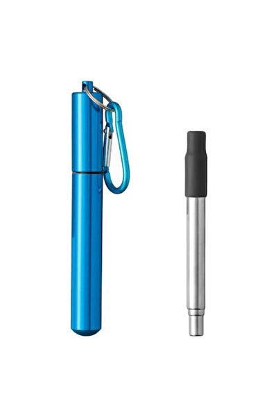 SHOPIENS Reusable extendable stainless steel straw with silicone mouth and blue clip case, 25 x 250 mm