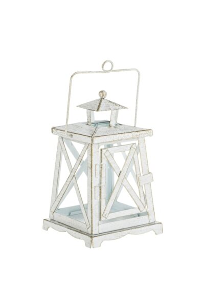 SHOPIENS Hanging Decorative Metal Lantern, White Gold Brushed with Handle and Glass 12.5x12.5x21cm