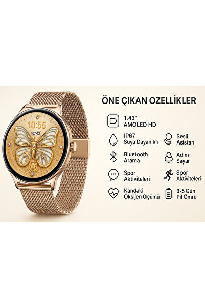 Bunnys iPhone 15 Pro Uyumlu Şık Kadın Akıllı Saat – Su Geçirmez, Yuvarlak Çelik Kasa, Metal Kordon