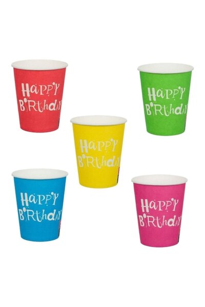 SHOPIENS Set 25 Pieces Disposable Cardboard Cups 240ml Colorful with Happy Birthday Print for Birthday Party