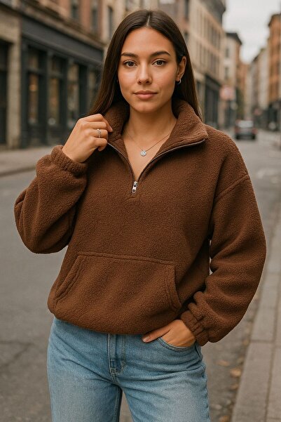 Wish BF Kahverengi Dik Yaka Oversize Peluş Sweatshirt