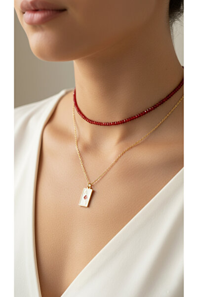Eksen Concept Kırmızı Parlak Boncuklu Choker İkili Kombin İskambil Kartı Kupa...