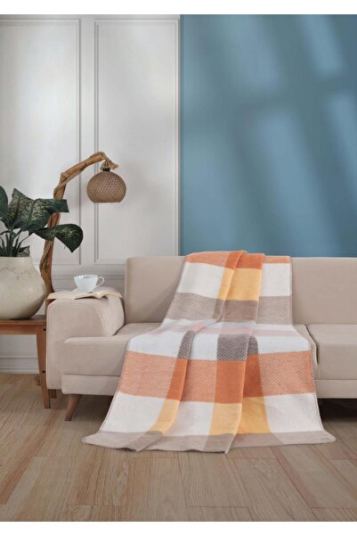 Bayev Orange Checkered Double Cotton Blanket 200 X 220