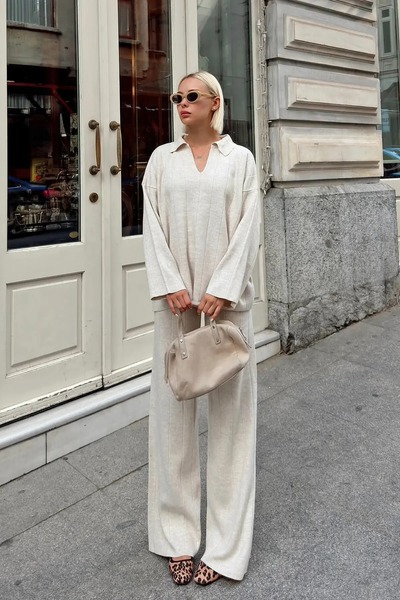 Marbella Women's Polo Neck Ribbed Knit Sweater Pants Two-Piece Set