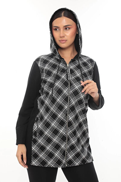 Lady Majestic Plaid Hooded Zippered Plus Size Sports Stylish Cardigan