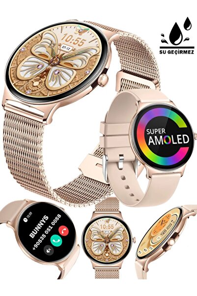 Bunnys iPhone 15 Pro Uyumlu Şık Kadın Akıllı Saat – Su Geçirmez, Yuvarlak Çelik Kasa, Metal Kordon