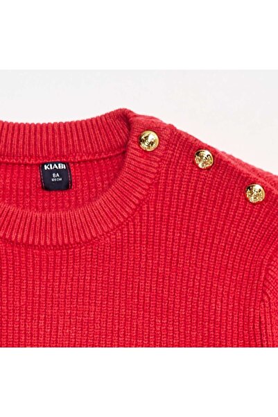 KIABI Ribbed Knit Sweater with Buttoned Shoulder RED