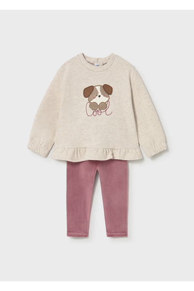 MAYORAL 1-4 Years Old Baby Girl Two-Piece Set – Dog Patterned Beige Sweatshirt and Pink Velvet Skinny Leggings