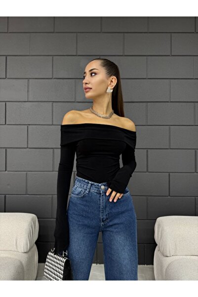 QUTTA Bluză neagră pentru femei, cu tăietură asimetrică, cu mâneci asimetrice, din țesătură Sandy, cu guler Madonna