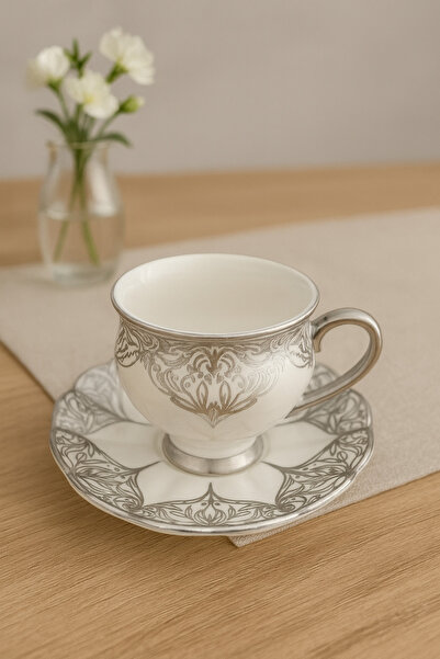 CEZVE HOME Vion 6-Person Porcelain Tea Cup Set with Silver Detailing
