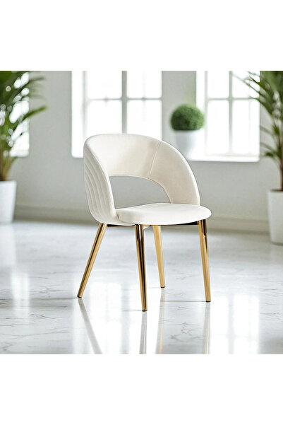 DENGEMA Mostar S88 Sandalye – Krem (Tiesto Polyester), Gold Metal Ayak