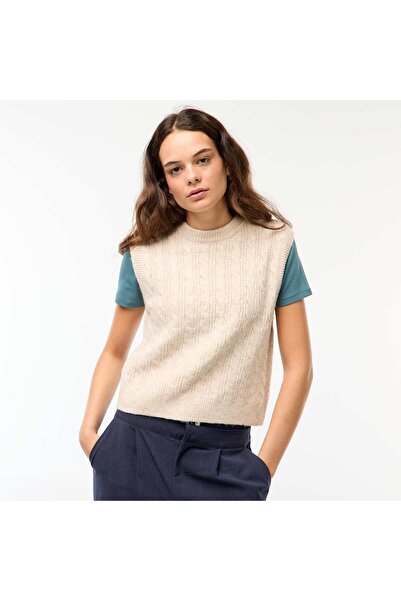 KIABI سترة بدون أكمام محبوكة بالكابل، لون بيج