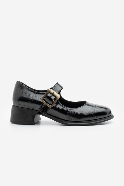 Marjin Kadın Loafer Tokalı Günlük Kalın Topuklu Ayakkabı Meniz Siyah Croco