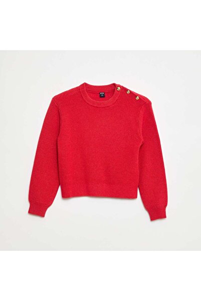 KIABI Ribbed Knit Sweater with Buttoned Shoulder RED