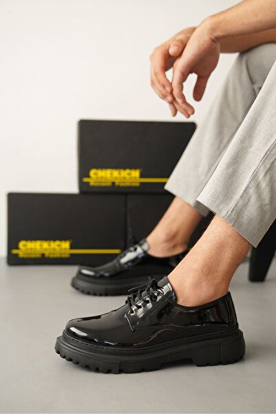 pabucmarketi Lace-Up Men's Casual Shoes Black Patent Leather