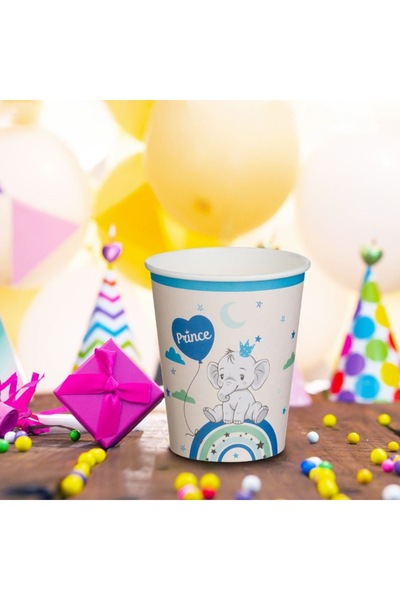 SHOPIENS Set 6 Bucati Pahare Carton Petrecere Copii Elefant Curcubeu Prince Bej Albastru Gri 240ml
