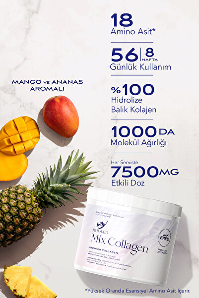 Mermaid Collagen Mix Collagen Fish Collagen, Hyaluronic Acid, Biotin, C Vit. Copper Zinc Mango & Pineapple Aroma - 8 Weeks