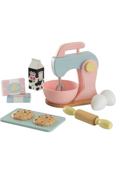 KIDKRAFT مجموعة خبز باستيل خشبية مع خلاط ودبوس عجين ومجموعة طعام لعب