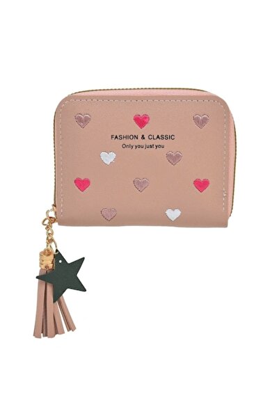SHOPIENS Pink Nude Wallet with Hearts, Zipper Closure, Tassel and Star, 11x9 cm, for Girls