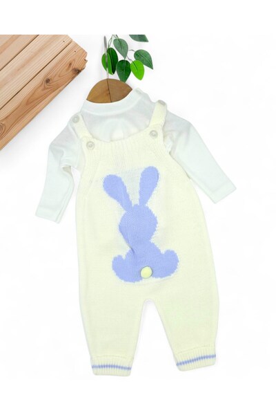 Ege Bebek Winter Rabbit Detailed Knitwear Salopet and Inner Badili Set, 3-6-9-12 Months Knitwear Gardener Jumpsuit R2206