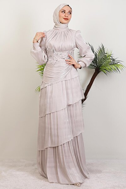 giz astore Menekşe Kat Kat Abiye Bej