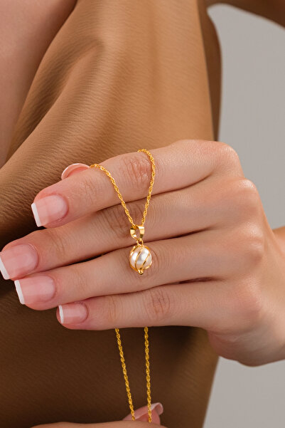 ZEYNEPLİ GOLD 14 AYAR ALTIN İNCİLİ KAFESLİ BURGU KOLYE