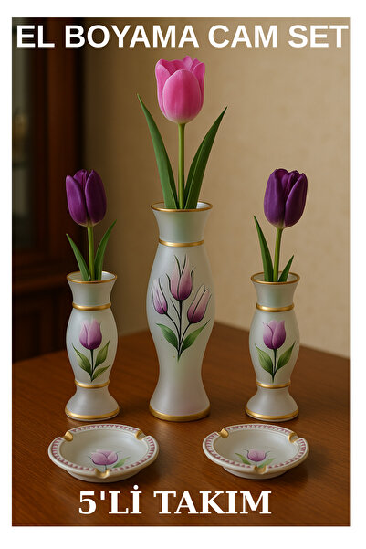 onyyapim VİNTAGE BUZLU CAM ÜZERİ EL BOYAMA VAZO KARANFİLLİK VE KÜLLÜK TAKIMI