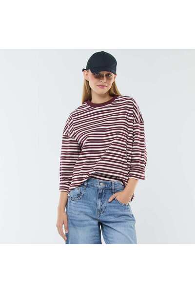 KIABI تي شيرت مخطط بأكمام طويلة باللون البني